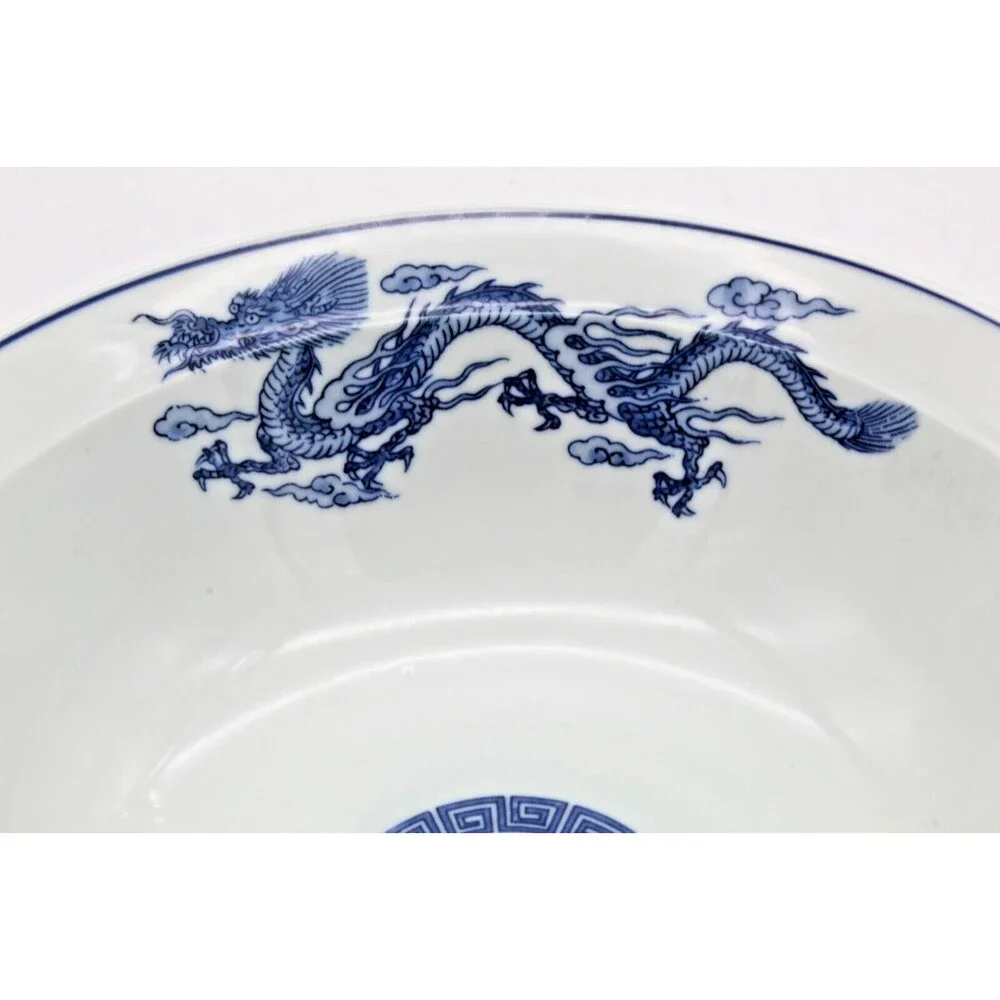4 Toe Dragon Darchung Serving Bowl Blue & White Japan Footed Flower 9.5 inch VTG